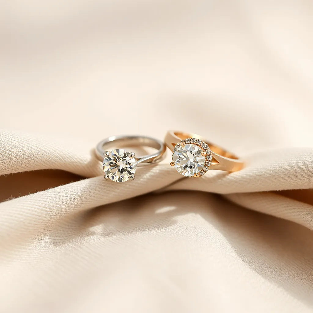 Modern designer diamond rings with sparkling stones on a neutral fabric background