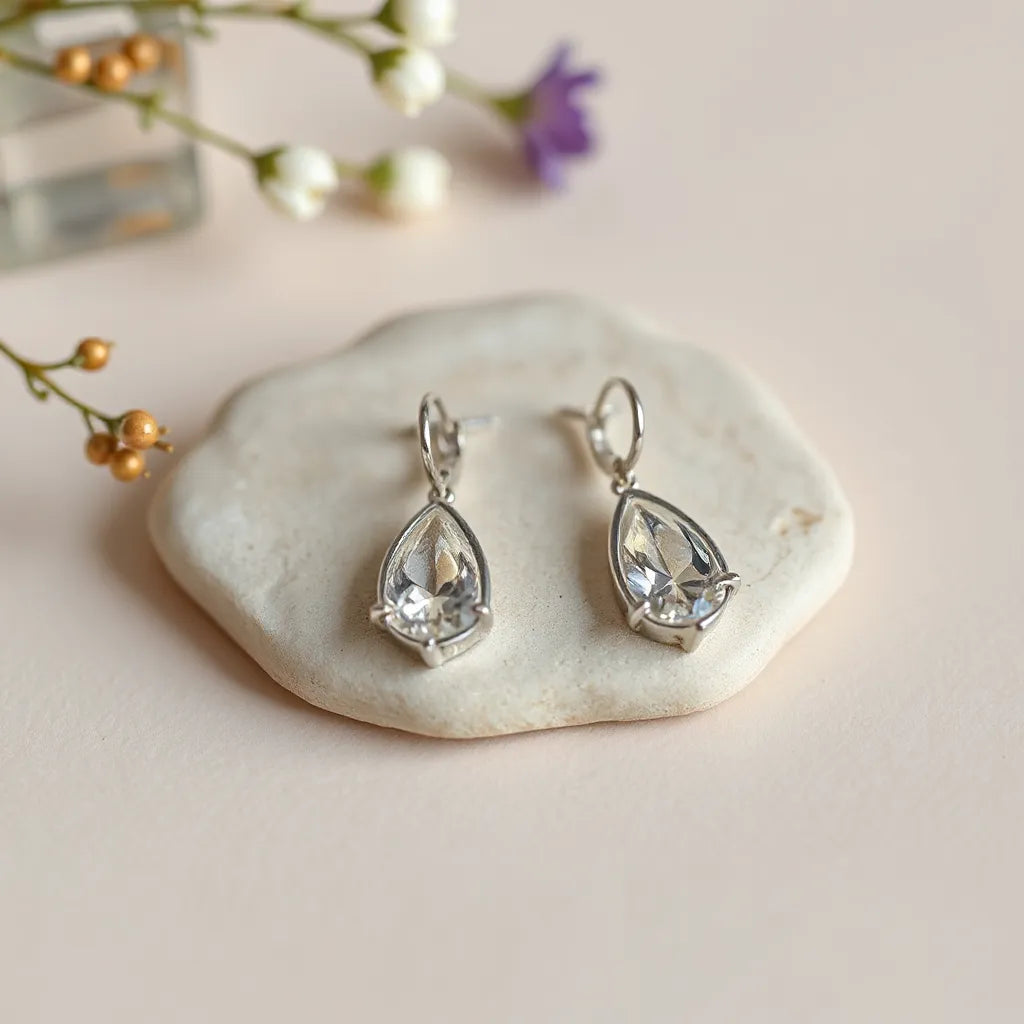 Platinum-plated stud and drop earrings displayed on a soft neutral background with gentle reflections