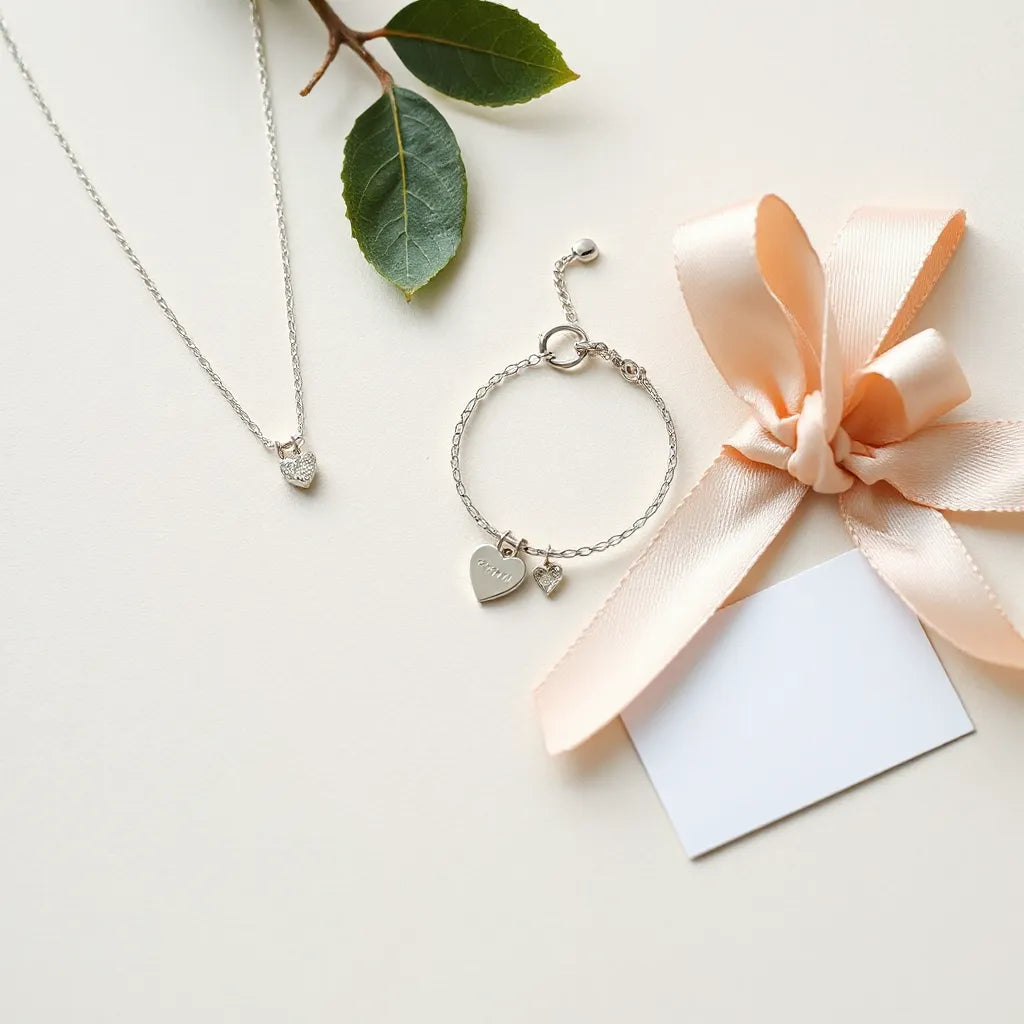 Delicate necklace and bracelet with a small heart charm arranged with a soft ribbon on a light background