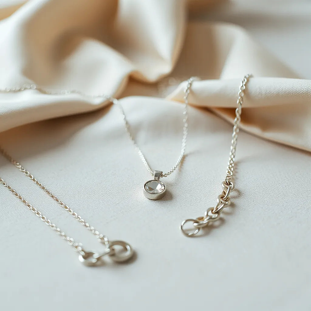 Multiple 925 sterling silver necklaces with different chain styles on a light fabric background.