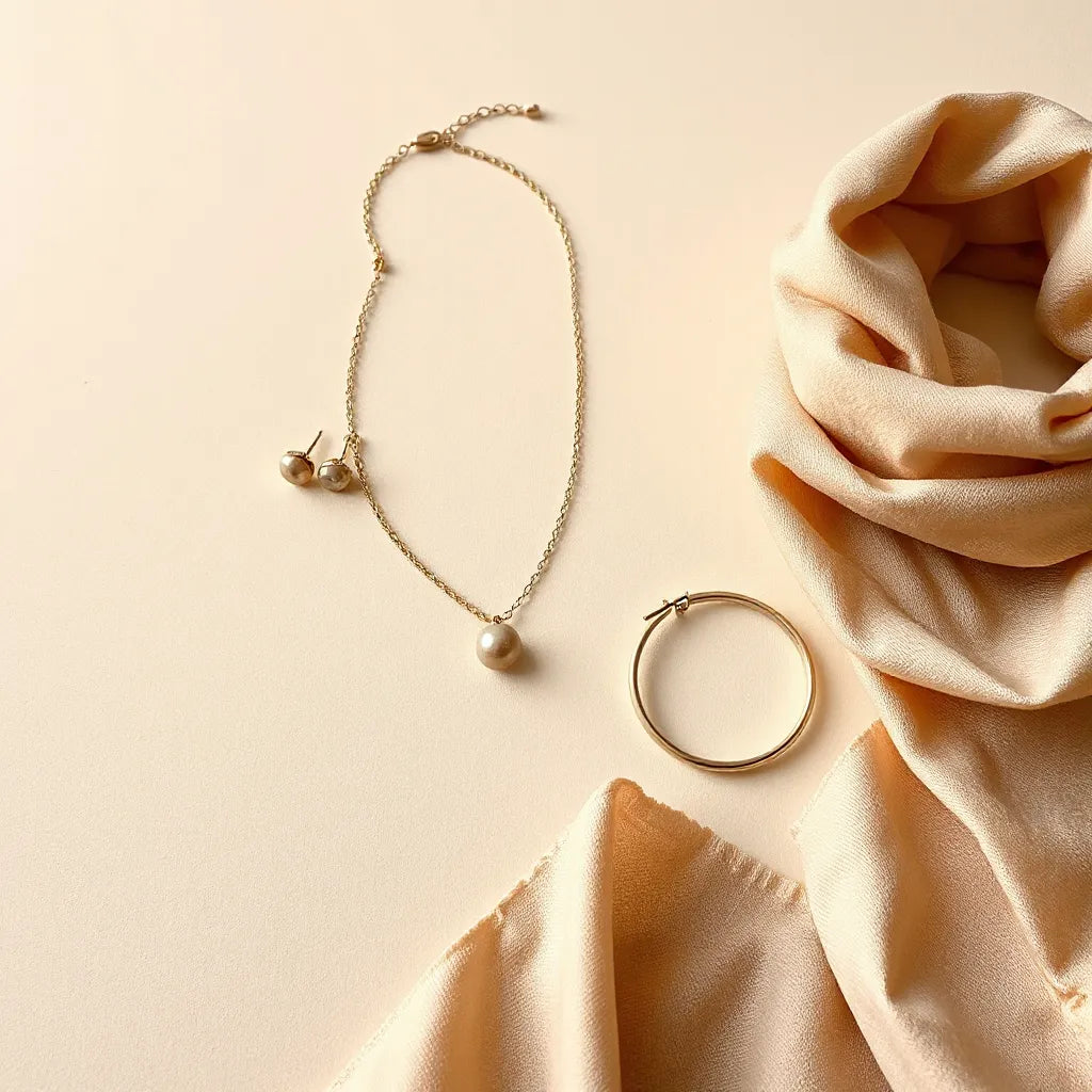 Layered necklace, earrings, and bracelet arranged neatly on a neutral background with a soft scarf