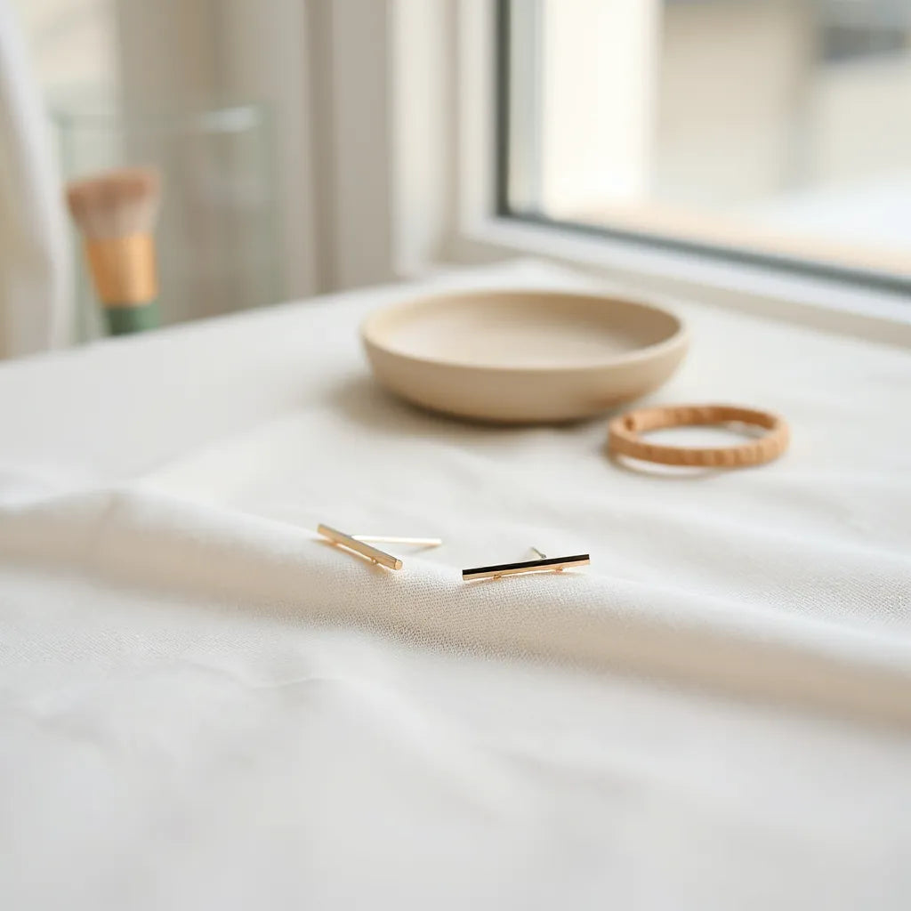 Sleek modern minimalist earrings resting on neutral fabric in soft natural light