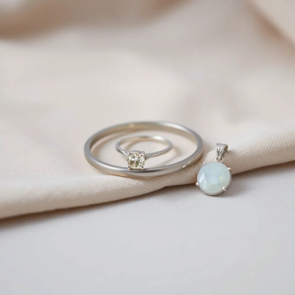 Delicate ring, bracelet, and pendant in polished S925 sterling silver on a neutral fabric background