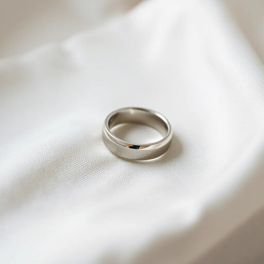 Platinum-plated S925 ring with a smooth reflective finish on light satin fabric
