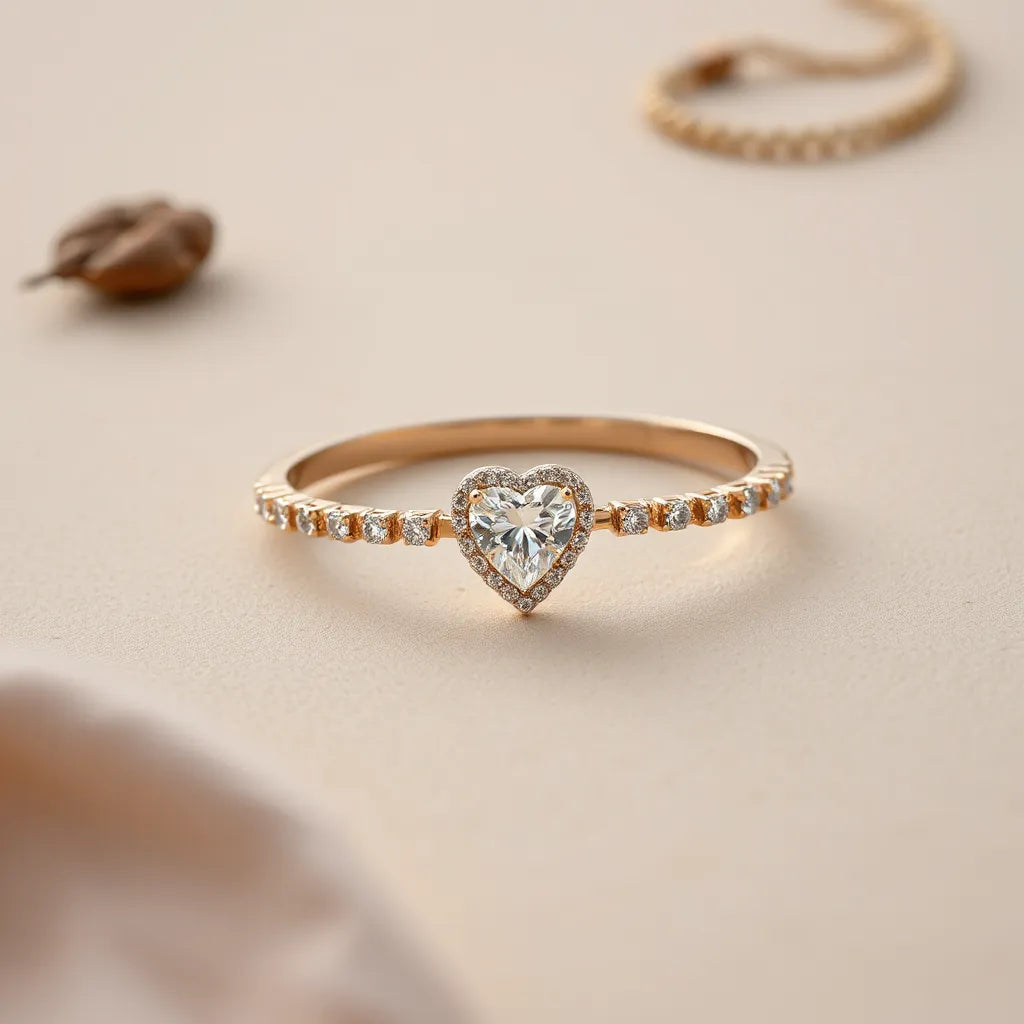 Heart-shaped bracelet set with full diamonds resting on a soft neutral background with subtle sparkle.