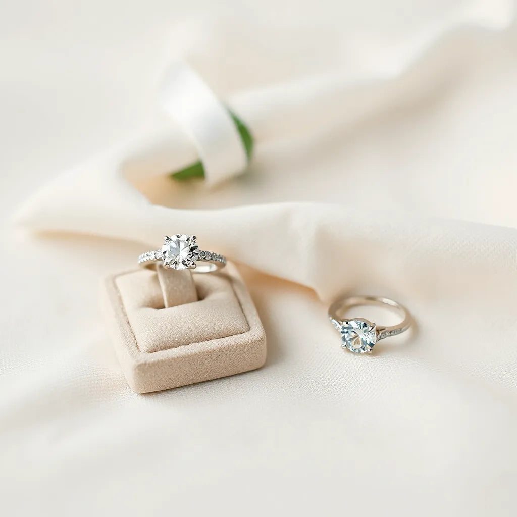 Moissanite engagement ring with a solitaire center stone resting on a ring stand in soft light