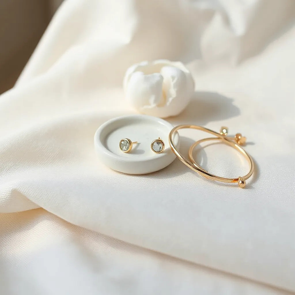 Minimal stud earrings and a delicate bracelet on soft fabric under natural light