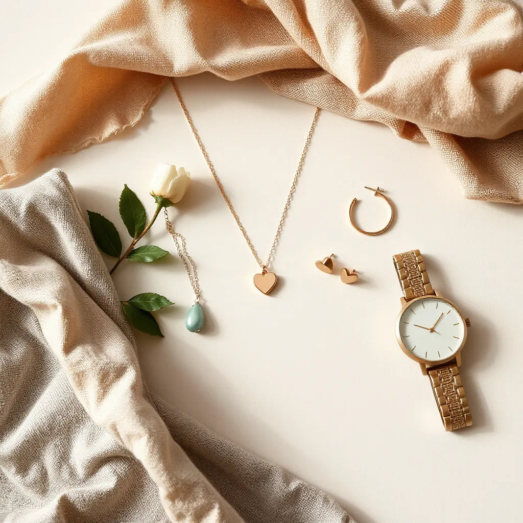 Heart pendant necklace, stud earrings, and bracelet arranged neatly with soft natural light on a neutral background