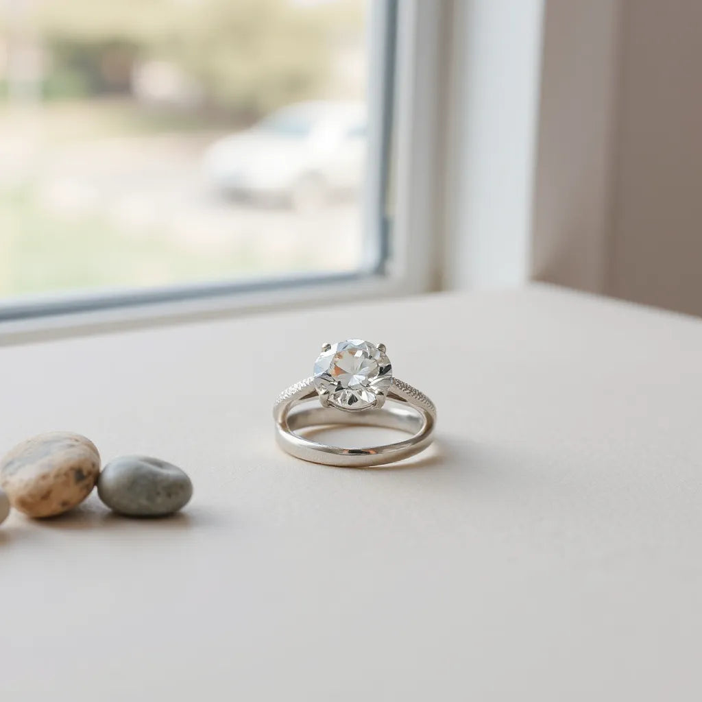 Moissanite stone silver ring with a polished band under soft natural light
