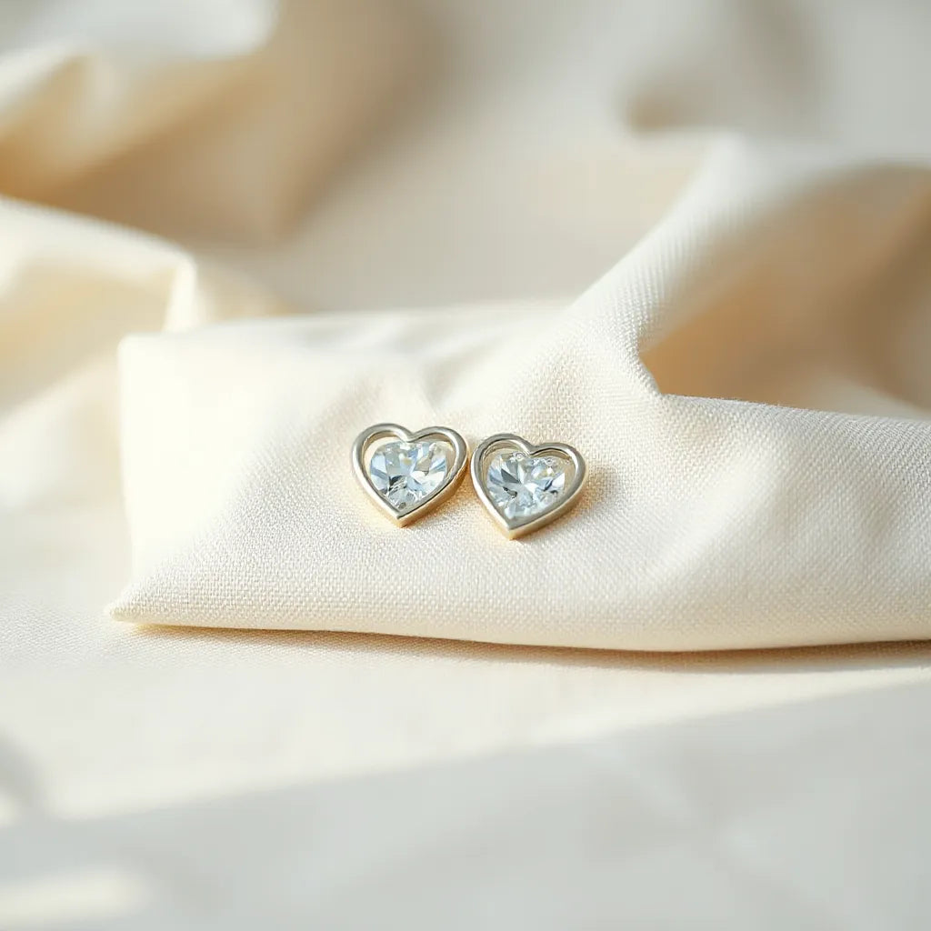 A pair of elegant heart-shaped earrings on neutral fabric with soft studio lighting and subtle sparkle