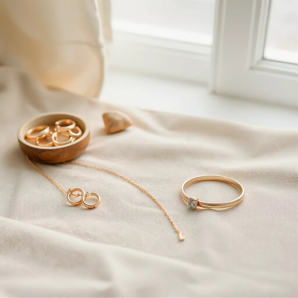 Delicate necklace, hoop earrings, and bracelet arranged neatly on neutral fabric with soft natural light.