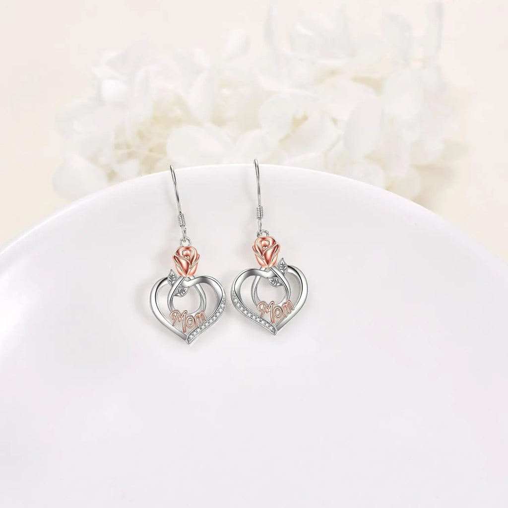 Sterling Silver Earrings with Rose Flower Love Heart and Crystal Dangle Drop Hook
