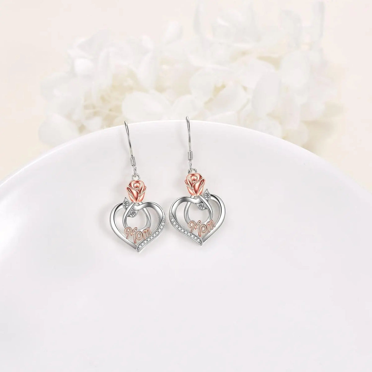 Sterling Silver Earrings with Rose Flower Love Heart and Crystal Dangle Drop Hook