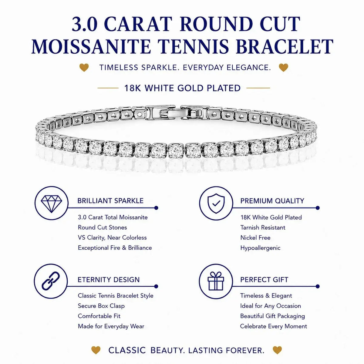 3 Carat round Cut Moissanite Tennis Bracelet 