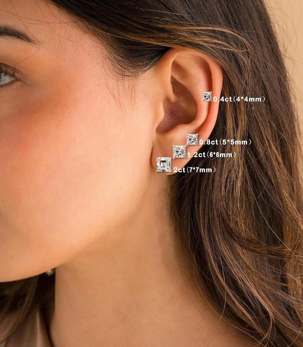 Princess Cut Moissanite Stud Earrings 925 Sterling Silver 18K White Gold Plated Square Shape