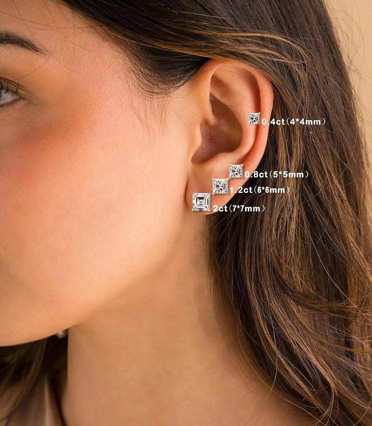 Princess Cut Moissanite Stud Earrings 925 Sterling Silver 18K White Gold Plated Square Shape