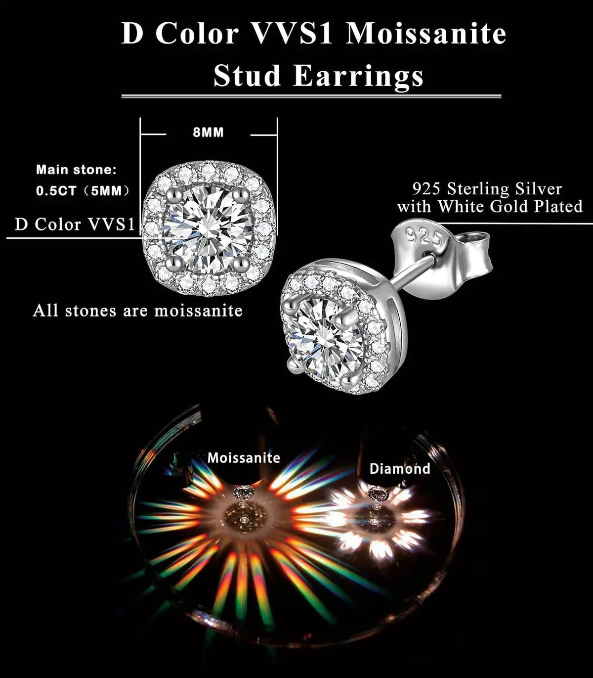 Lab Created Moissanite 925 Sterling Silver Halo Earrings 