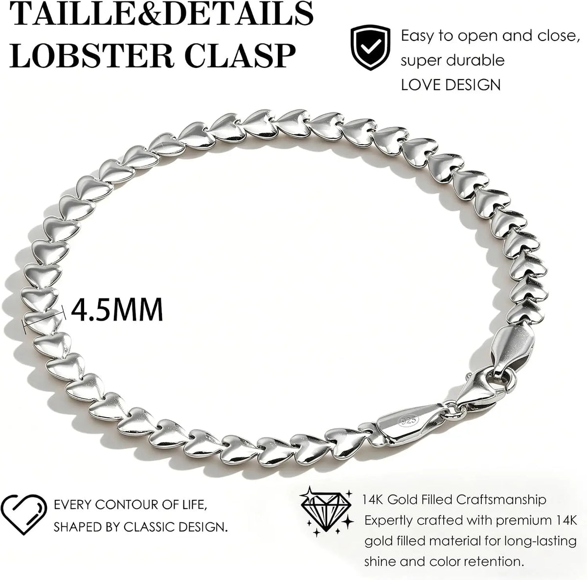 Sterling Silver Hypoallergenic Heart Bracelet Dainty 925 Silver Bracelet