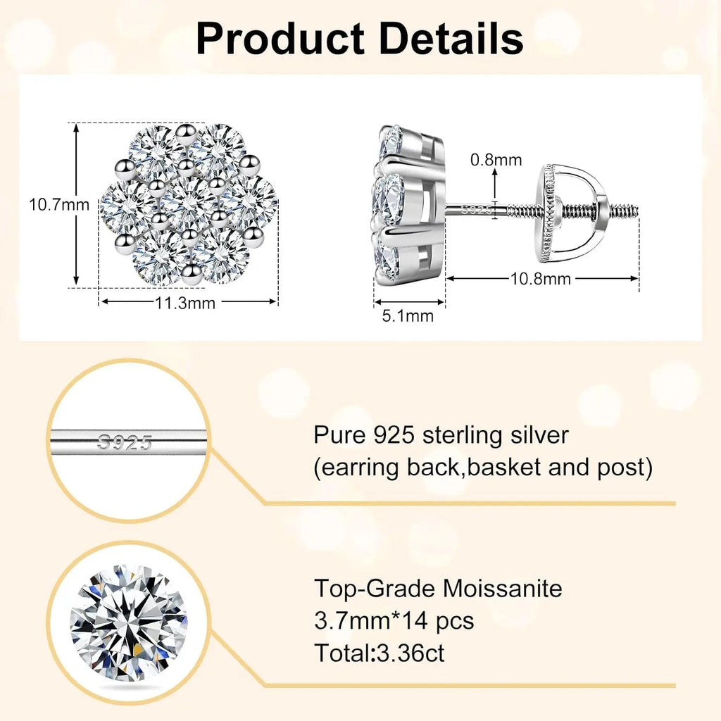 Flower Stud Earrings, 925 Sterling Silver Moissanite