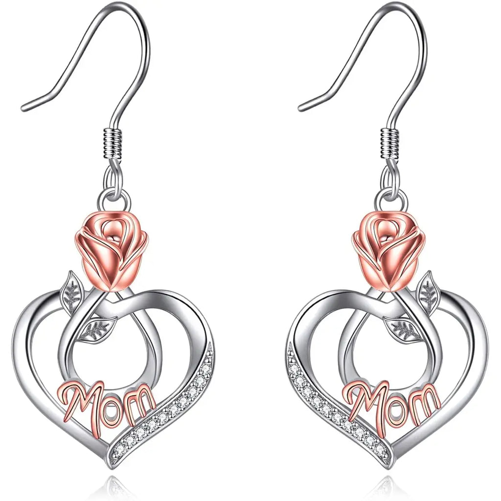 Sterling Silver Earrings with Rose Flower Love Heart and Crystal Dangle Drop Hook