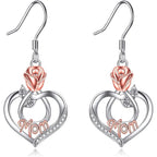 Sterling Silver Earrings with Rose Flower Love Heart and Crystal Dangle Drop Hook