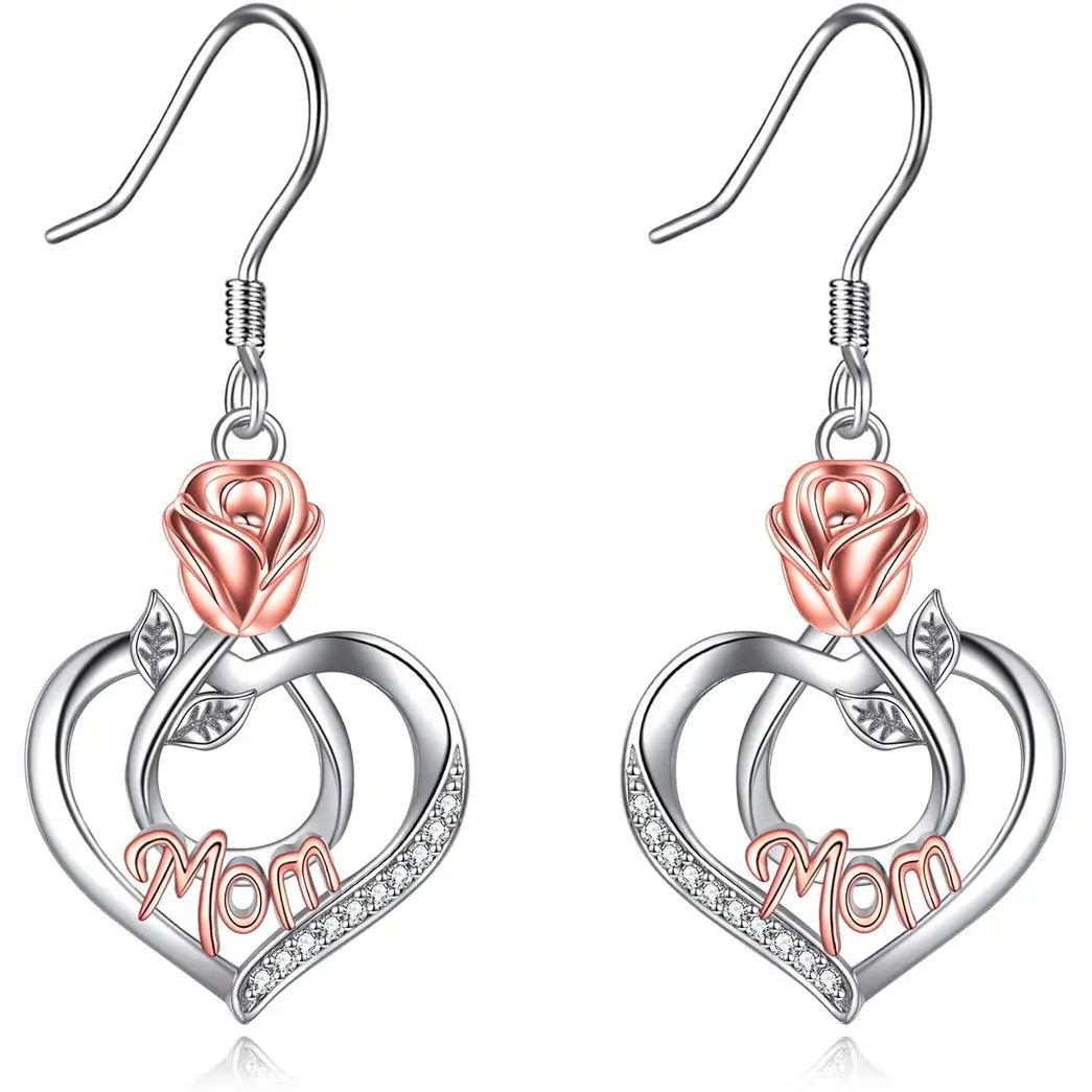 Sterling Silver Earrings with Rose Flower Love Heart and Crystal Dangle Drop Hook