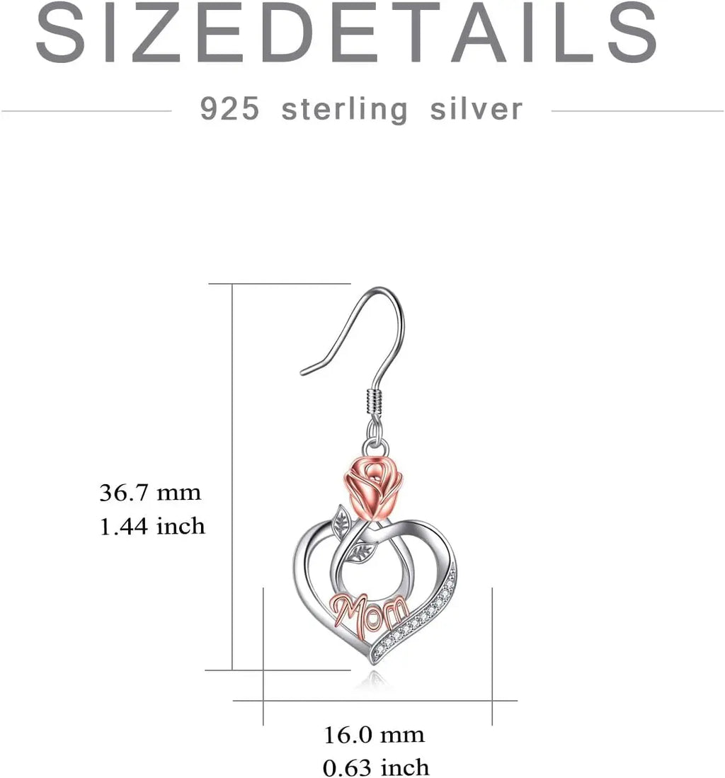 Sterling Silver Earrings with Rose Flower Love Heart and Crystal Dangle Drop Hook