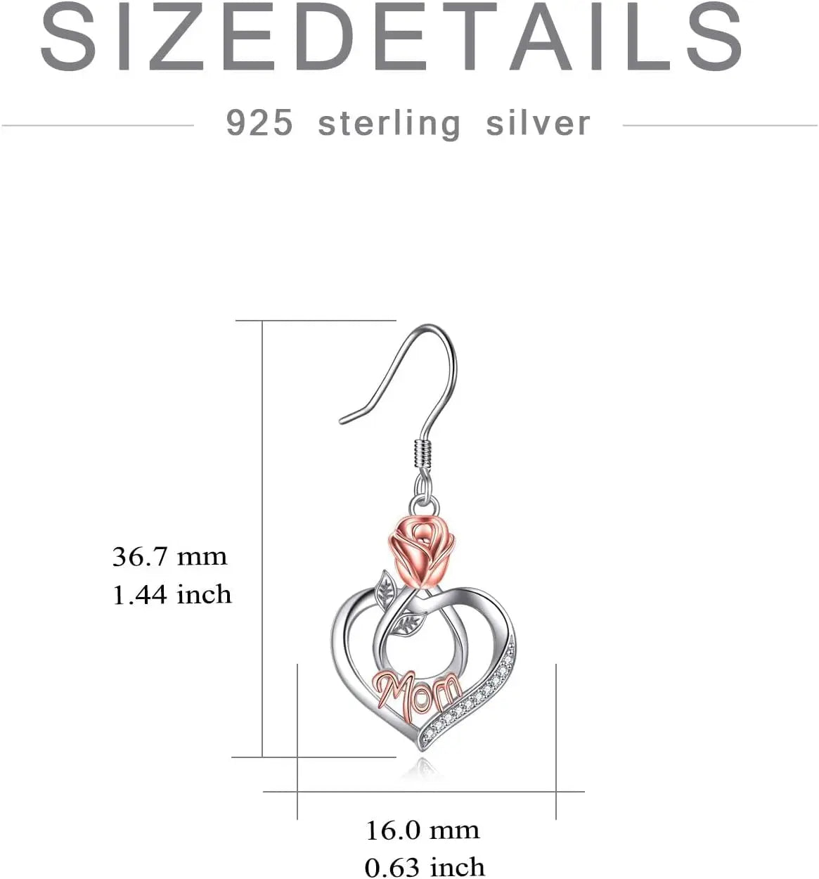 Sterling Silver Earrings with Rose Flower Love Heart and Crystal Dangle Drop Hook