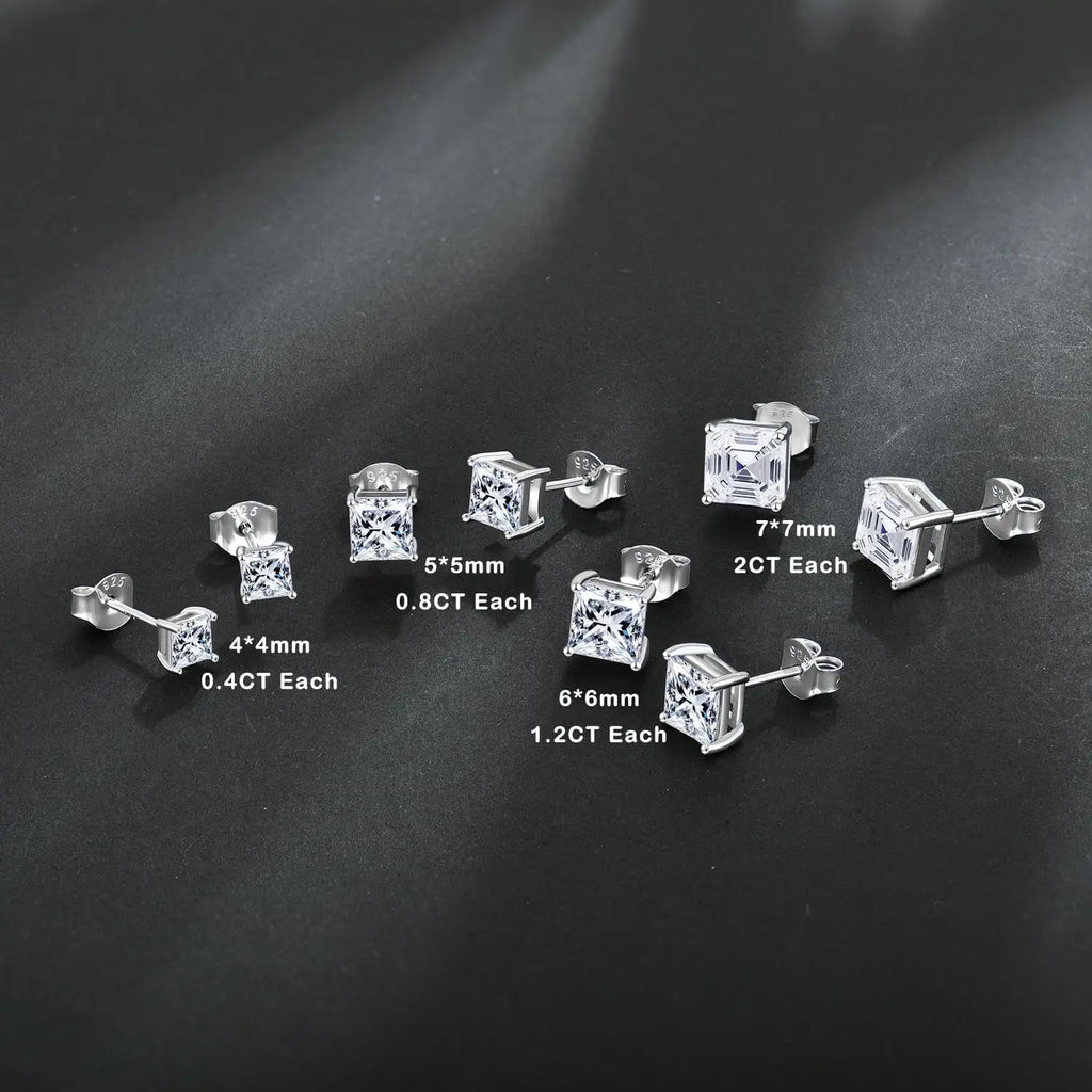 Princess Cut Moissanite Stud Earrings 925 Sterling Silver 18K White Gold Plated Square Shape