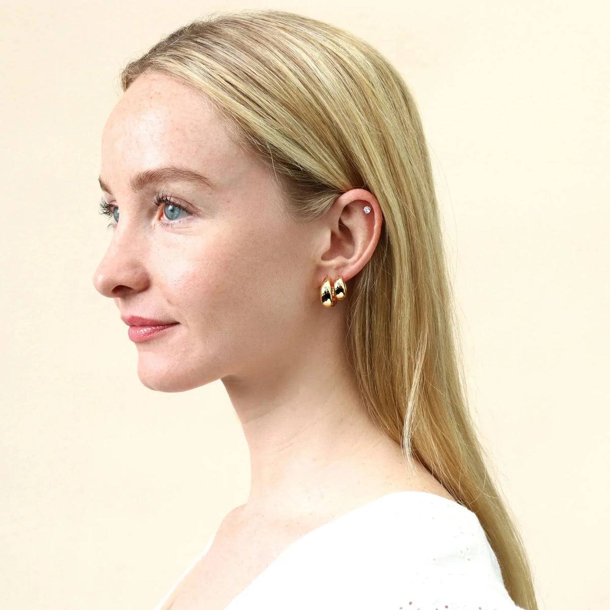 Sterling Silver Dome Medium Hoop Earrings for Women 0.75 Inch, Yellow Gold Flashed