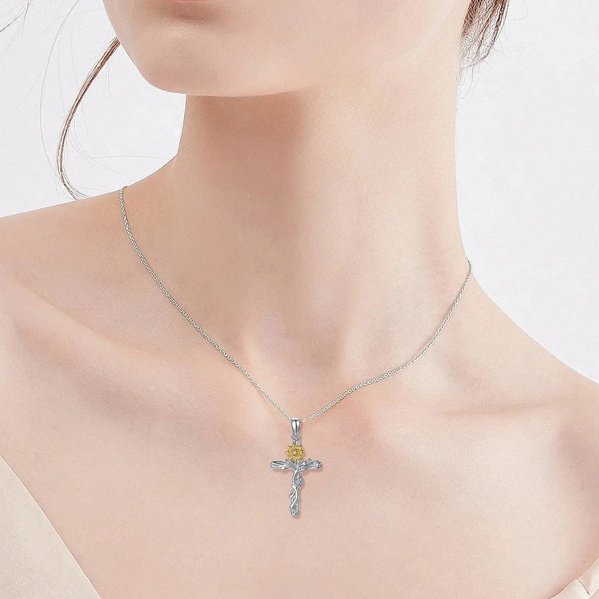 Cross Necklace 925 Sterling Silver Sunflower Pendant Necklaces Birthday Gifts Jewelry for Women Mom Daughter Wife
