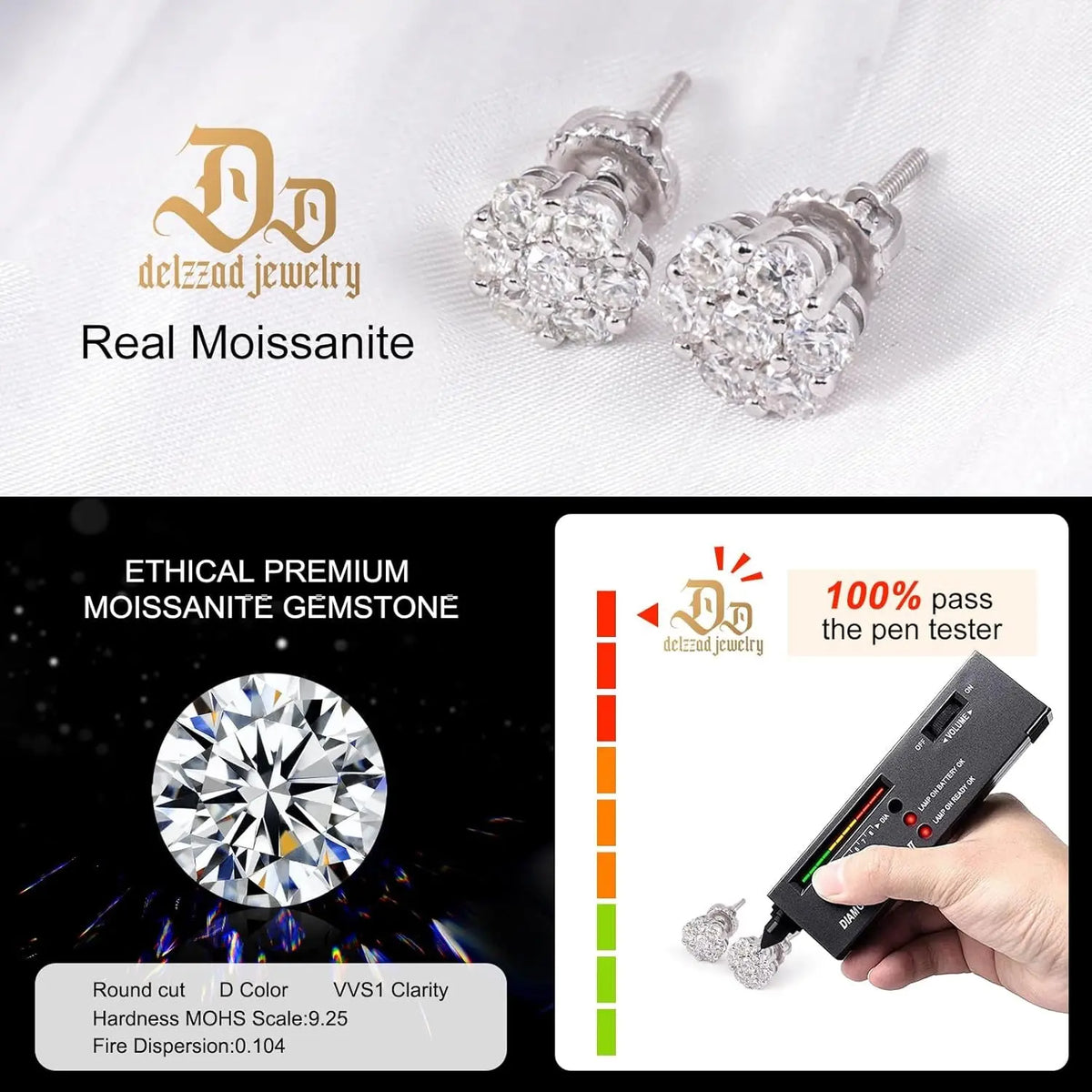 Flower Stud Earrings, 925 Sterling Silver Moissanite
