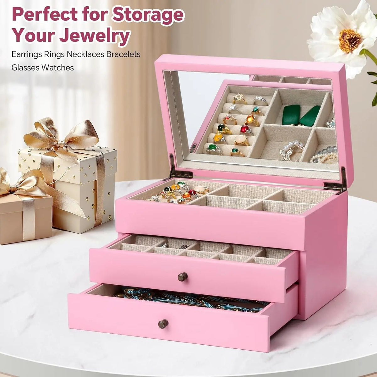 Jewelry Box Organizer for Women, 3 Layer Large Jewelry Storage Case, Rustic Wooden Jewelry Box with Mirror & Ring Tray for Necklace Earring Bracelets Rings, Vintage Style (Pink)