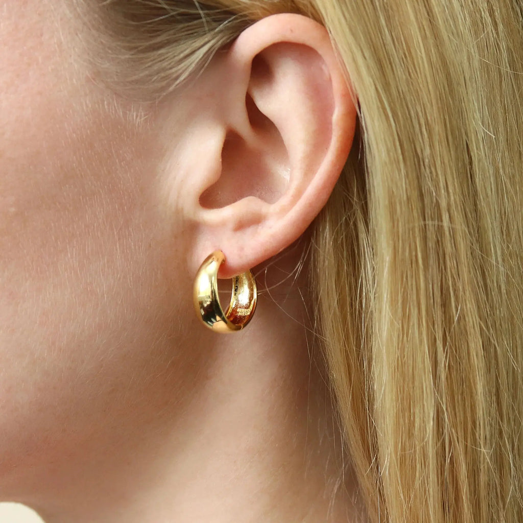 Sterling Silver Dome Medium Hoop Earrings for Women 0.75 Inch, Yellow Gold Flashed