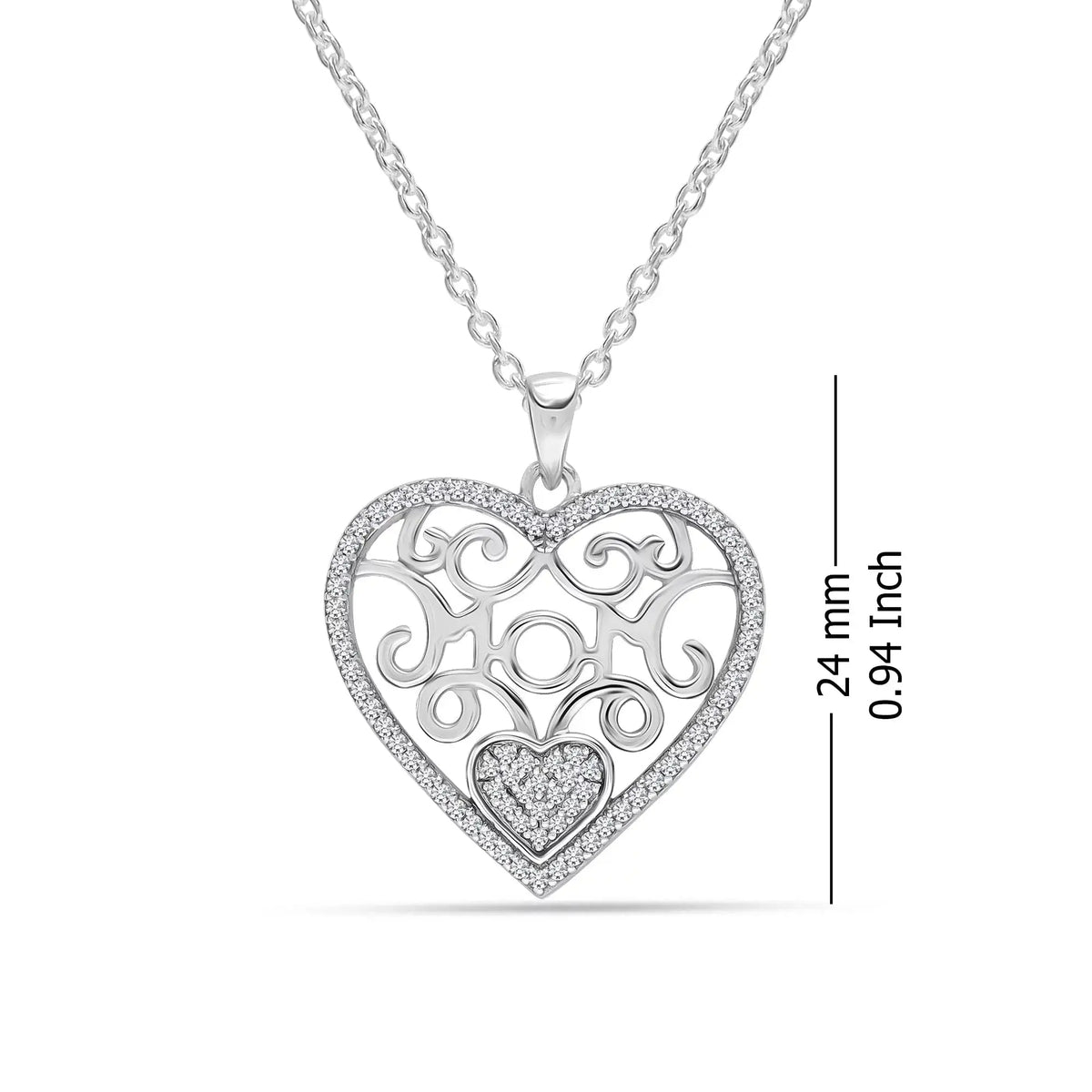 925 Sterling Silver Light-Weight CZ Filigree Heart Pendant Necklace 