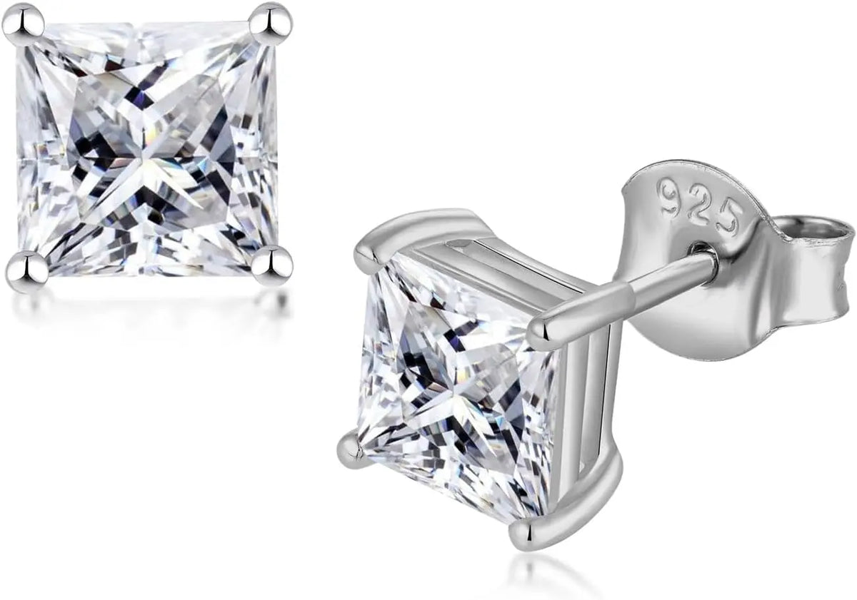 Princess Cut Moissanite Stud Earrings 925 Sterling Silver 18K White Gold Plated Square Shape