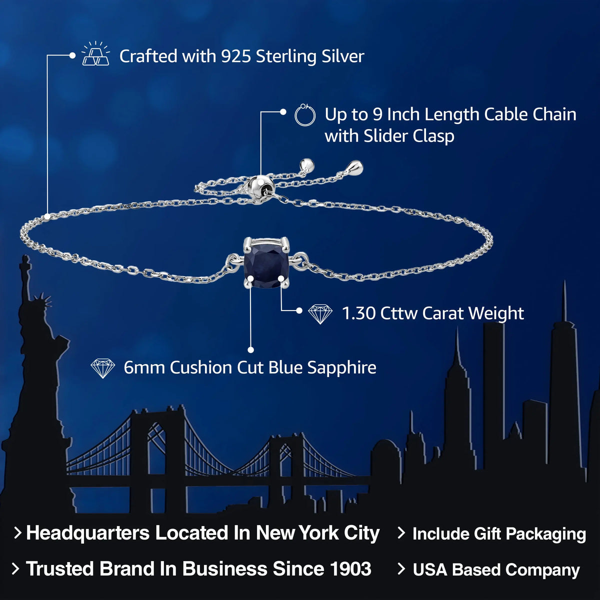 925 Sterling Silver Blue Sapphire Solitaire Bracelet 