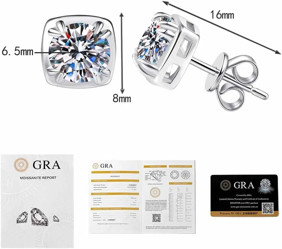 2 Carat Moissanite Stud Earrings, 925 Silver | 8-Prong Set, GRA Certificate, 1 Carat Each, Brilliant Round, Hypoallergenic