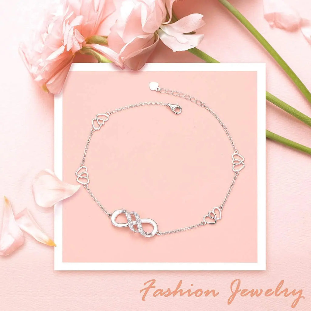 Double Infinity Anklet 925 Sterling Silver Adjustable Heart Ankle Bracelet Boho Beach Foot Chain 9+1 Inch
