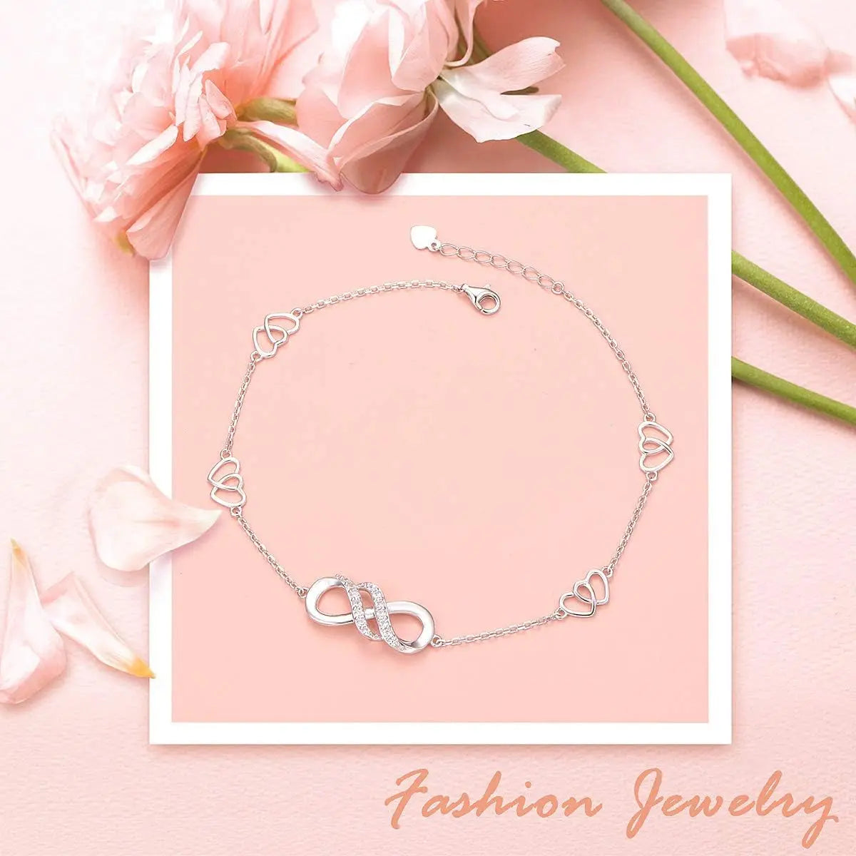 Double Infinity Anklet 925 Sterling Silver Adjustable Heart Ankle Bracelet Boho Beach Foot Chain 9+1 Inch