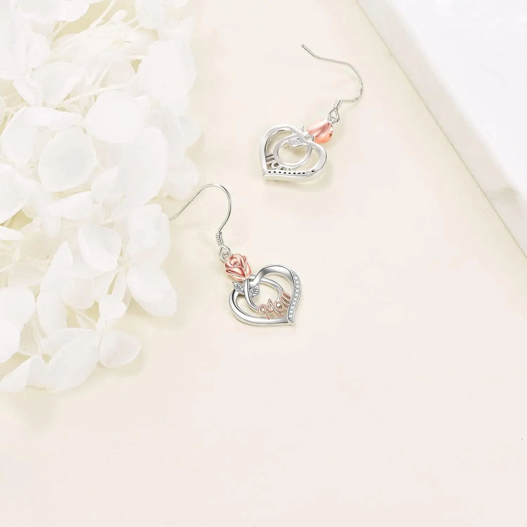 Sterling Silver Earrings with Rose Flower Love Heart and Crystal Dangle Drop Hook