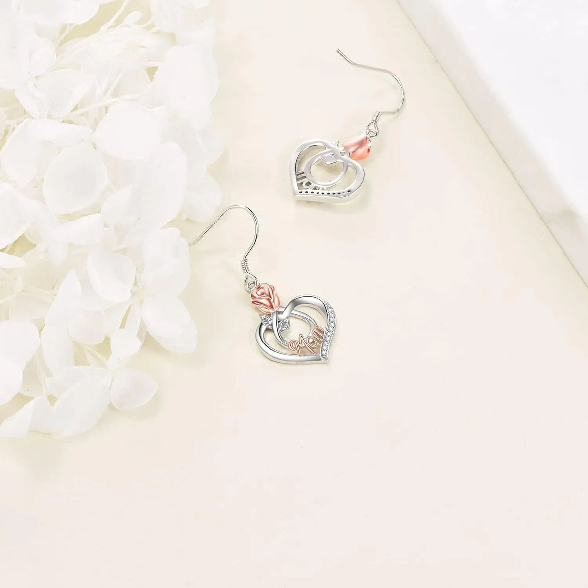 Sterling Silver Earrings with Rose Flower Love Heart and Crystal Dangle Drop Hook