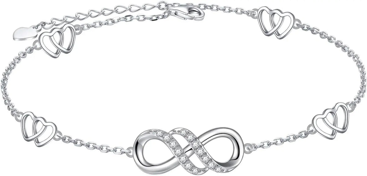 Double Infinity Anklet 925 Sterling Silver Adjustable Heart Ankle Bracelet Boho Beach Foot Chain 9+1 Inch