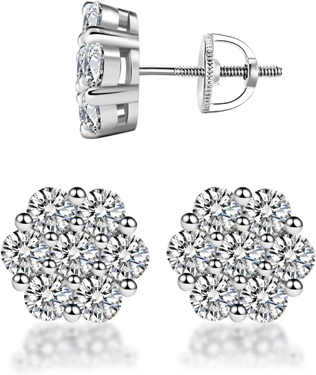 Flower Stud Earrings, 925 Sterling Silver Moissanite