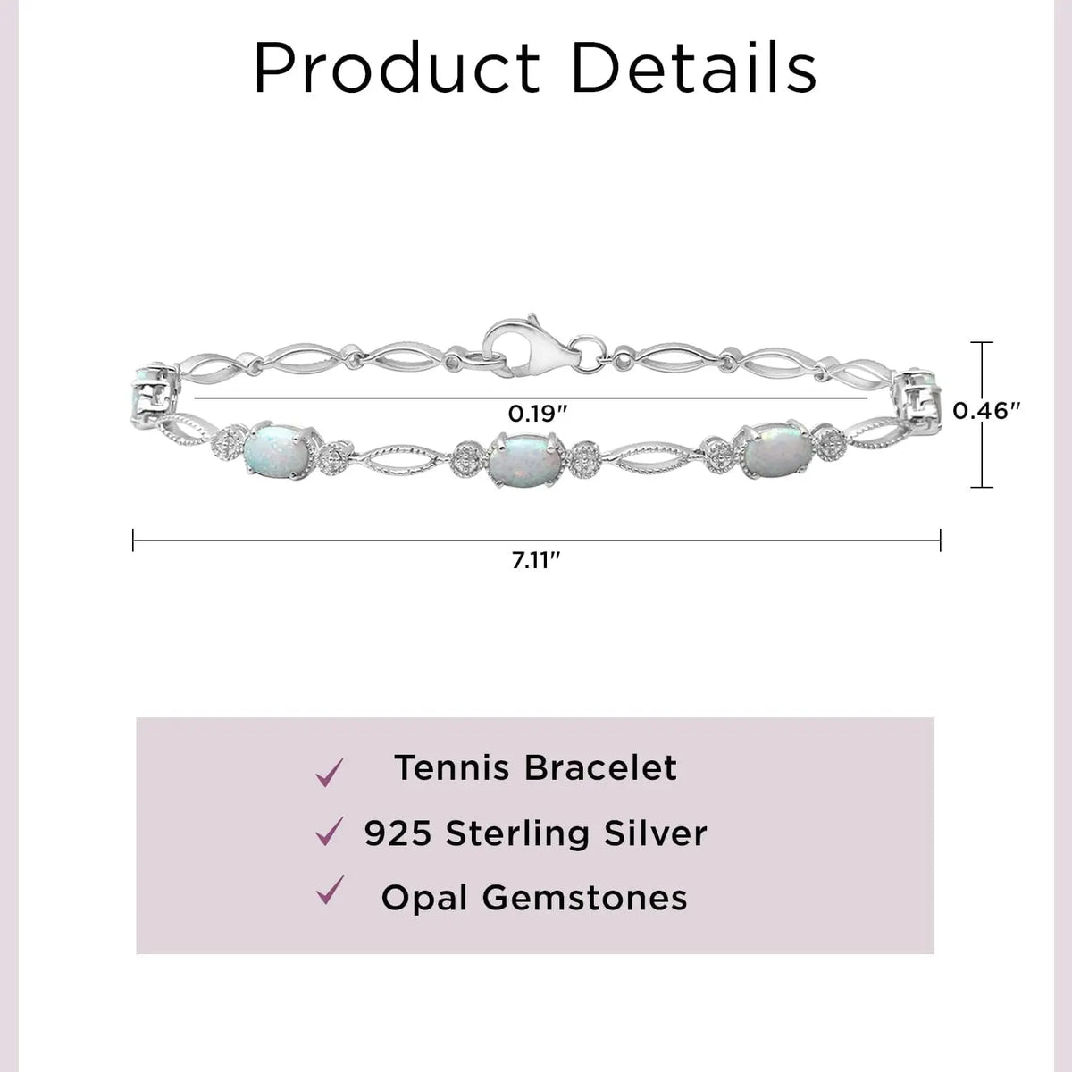 Sterling Silver Tennis Bracelet | Oval Created Opal | 7.50" | Milgrain Setting, Timeless Fashion Jewelry with Gift Box, Lobster Claw Clasp