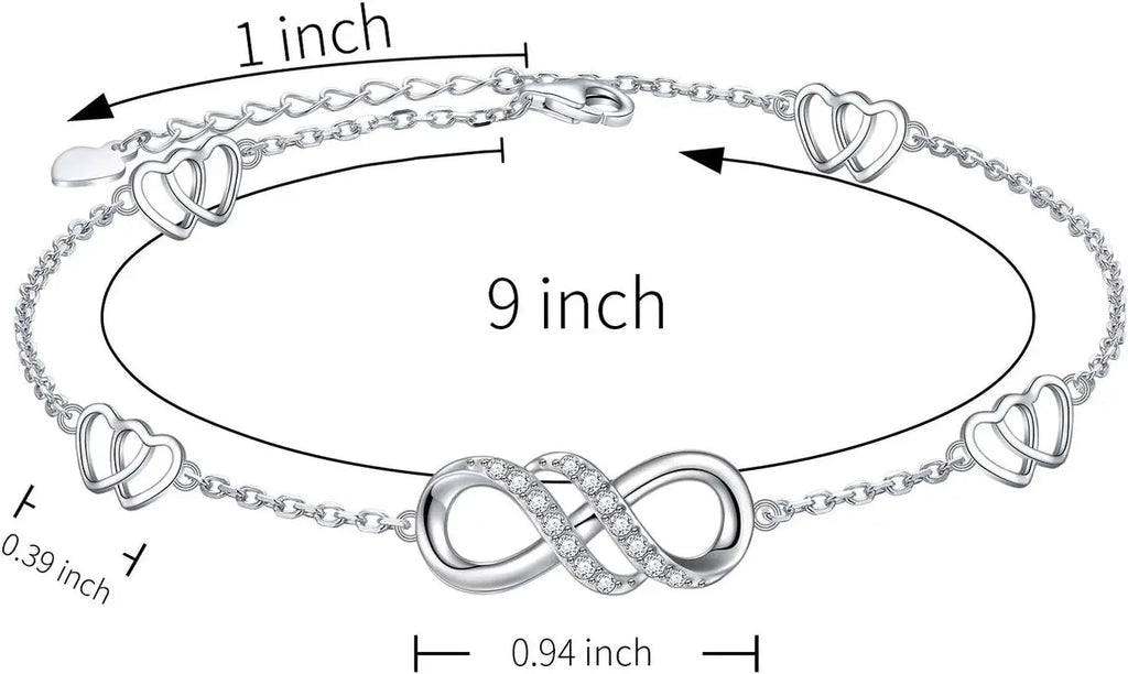 Double Infinity Anklet 925 Sterling Silver Adjustable Heart Ankle Bracelet Boho Beach Foot Chain 9+1 Inch