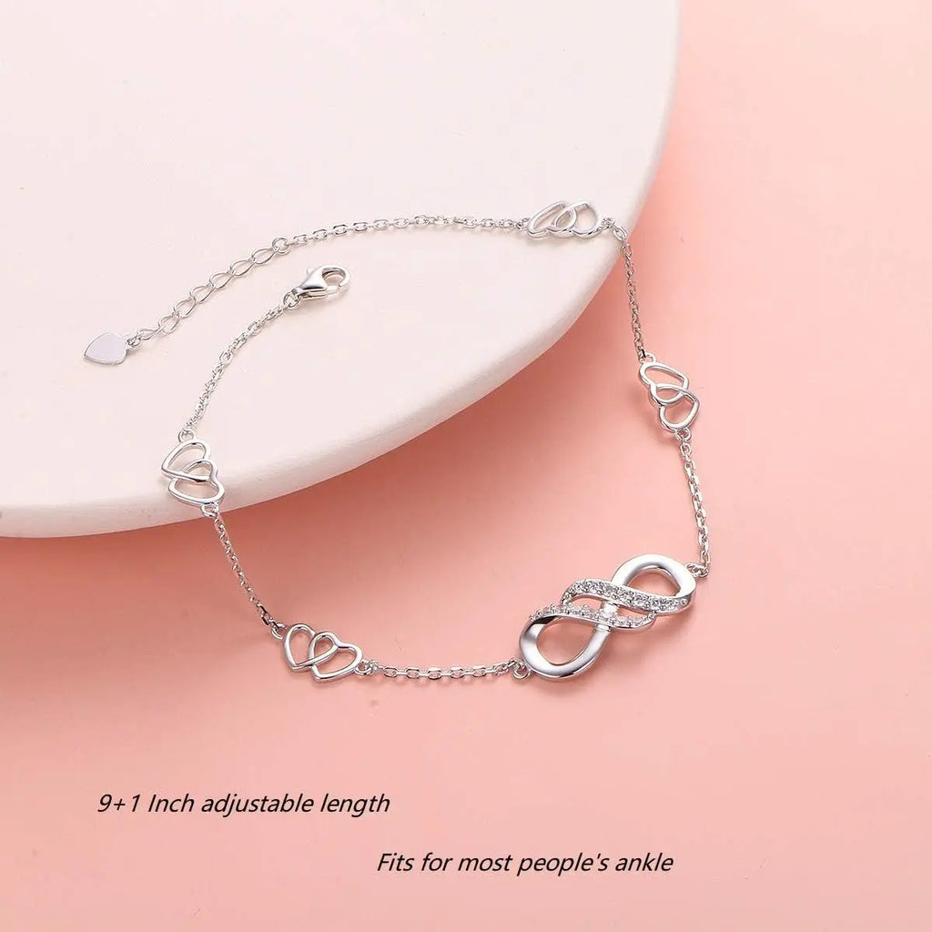 Double Infinity Anklet 925 Sterling Silver Adjustable Heart Ankle Bracelet Boho Beach Foot Chain 9+1 Inch